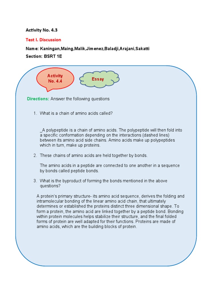 Activity No. 4.3 Essay PDF Protein Structure Proteins