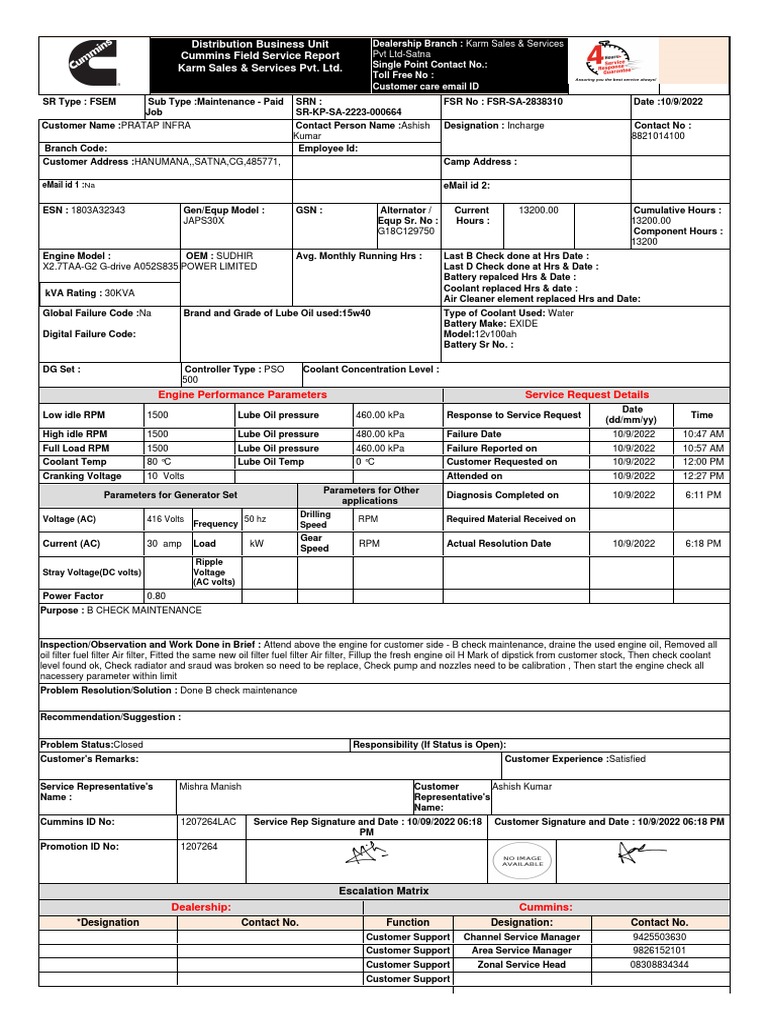 Cummins Field Service Report Summary | PDF | Alternating Current ...