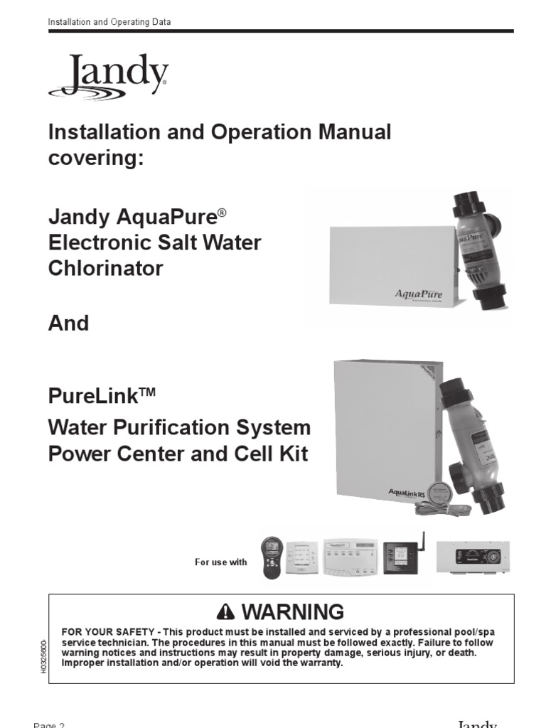 Installation And Operation Manual Covering Jandy Aquapure Electronic