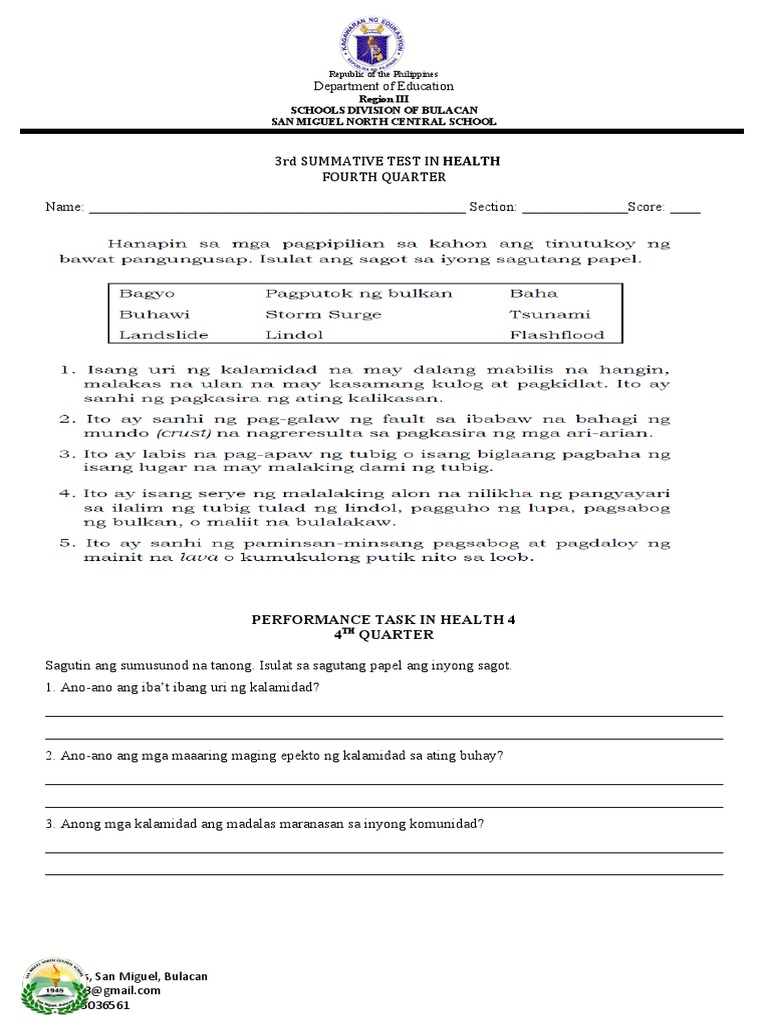 3rd Quiz Fourth Quarter Summative Test Pdf