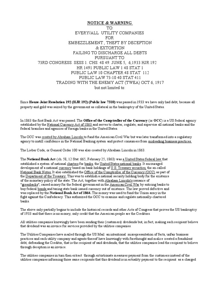 Utility Companies Debt Discharge Notice | PDF | Fraud | National Bank Act
