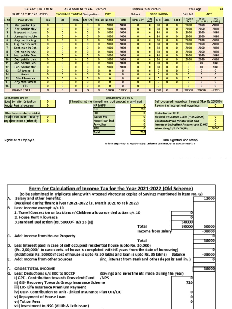 "Salary Statement and Tax Calculation for the Financial Year