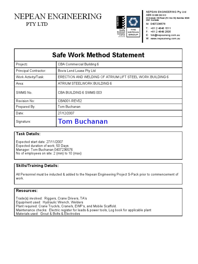 Safe Work Method Statement | Personal Protective Equipment | Crane ...