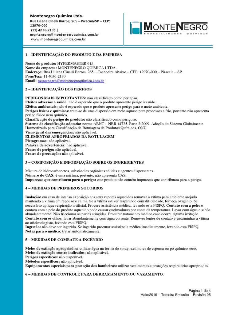 Ficha de Segurança do HYPERMASTER 615 | PDF | Embalagem e rotulagem ...