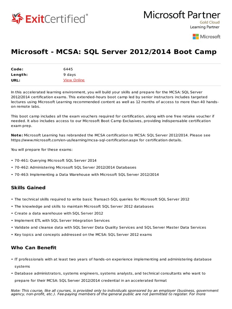 Mcsa Sql Server 20122014