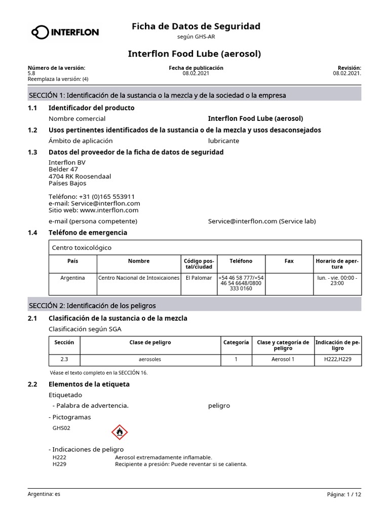 SDS Interflon Food Lube Aerosol AR Es PDF Agua Toxicidad