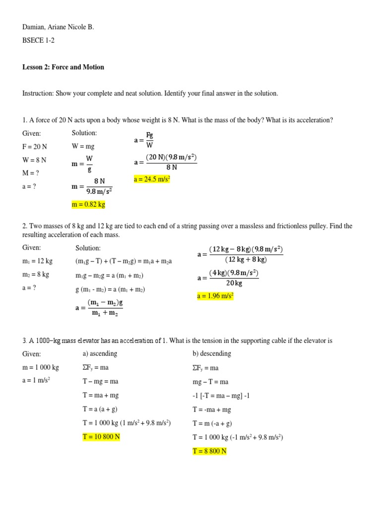 Force and Motion Problem Solutions | PDF | Force | Tension (Physics)