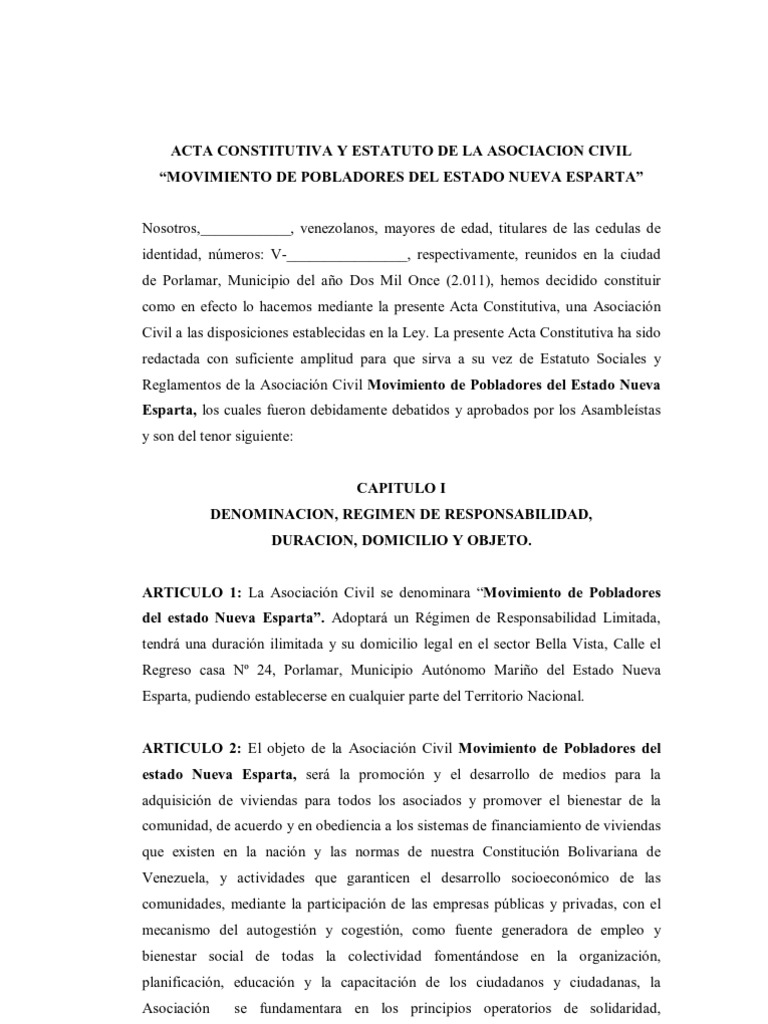 Acta Constitutiva y Estatuto de La Asociacion Civil