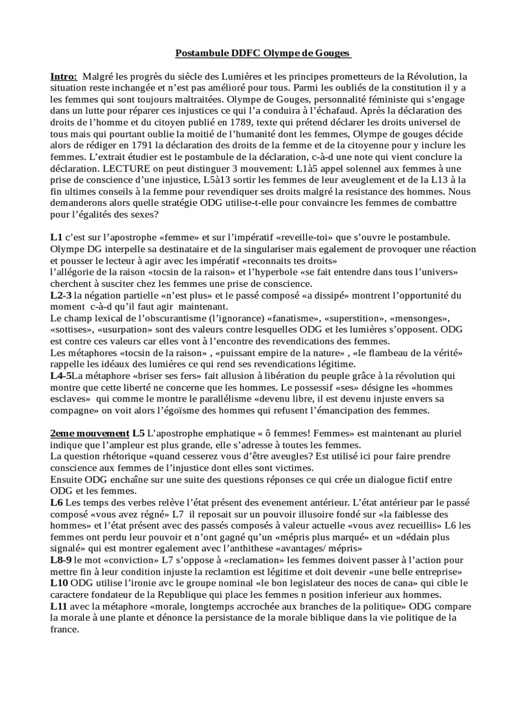Lecture Linéaire Olympe De Gouges Postambule Ana. Linéaire Debut Postambule | PDF