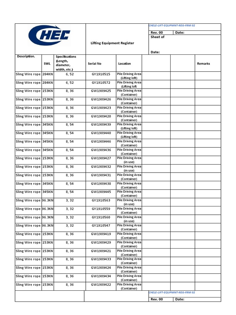 Lifting Equipment Register PDF Deep Foundation Rope