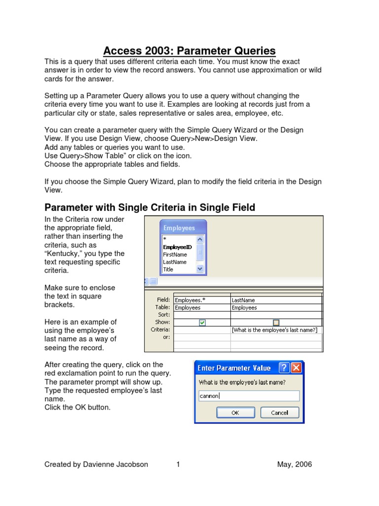 Access 2003: Creating Parameter Queries | PDF | Bracket | Computer Data