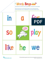 Pre Kindergarten Sight Words Bingo