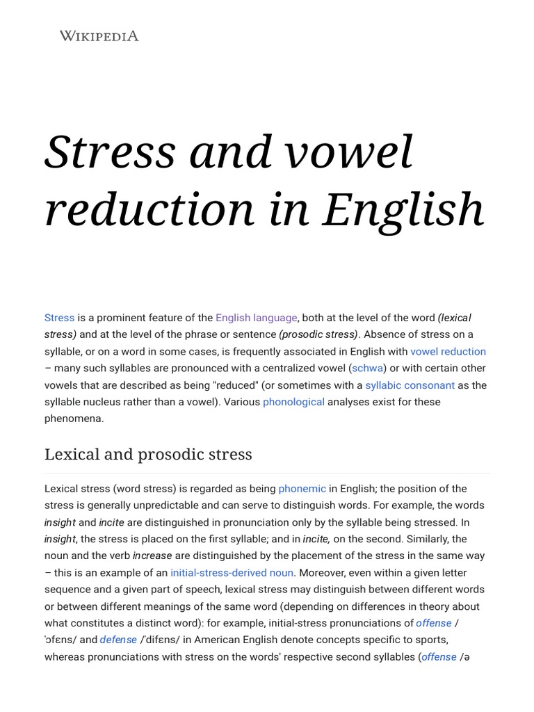 Stress and Vowel Reduction in English - Wikipedia | PDF
