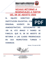 Comunicados de Retorno A Clases Presenciales El 08 de Agosto