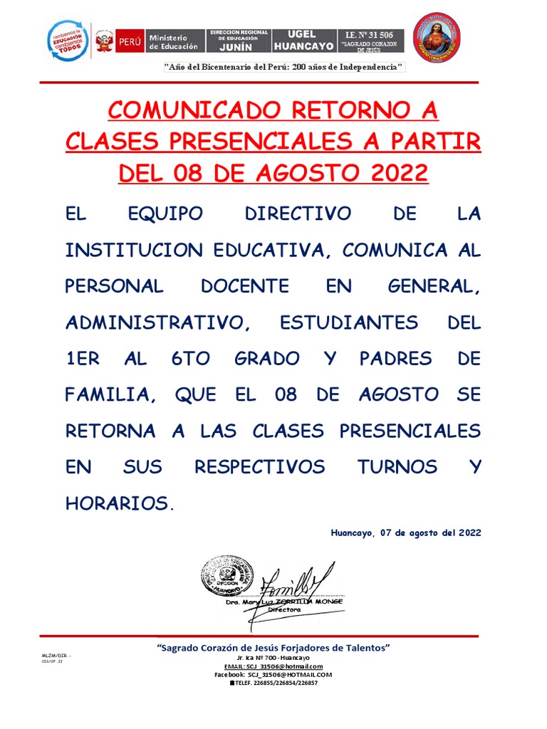 Comunicados de Retorno A Clases Presenciales El 08 de Agosto | PDF