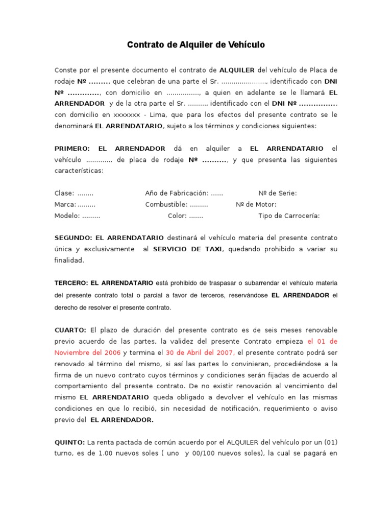 Contrato de Alquiler de Taxi | PDF | Alquiler | Business