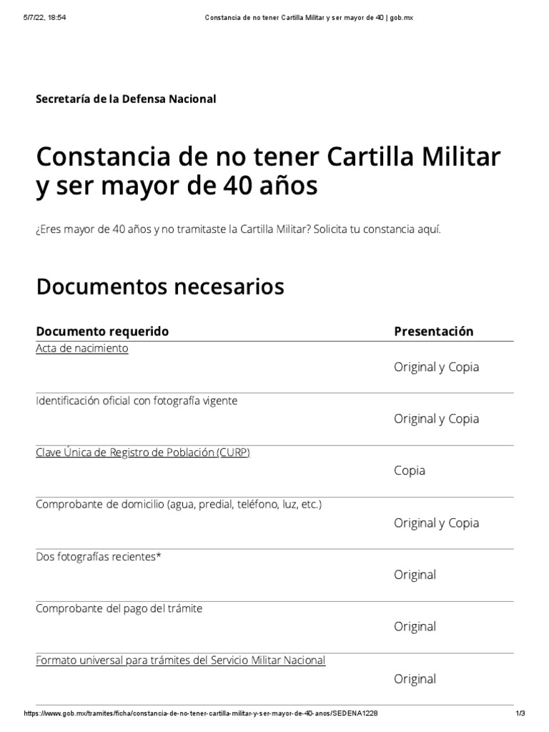 Constancia de No Tener Cartilla Militar y Ser Mayor de 40 - Gob - MX | PDF