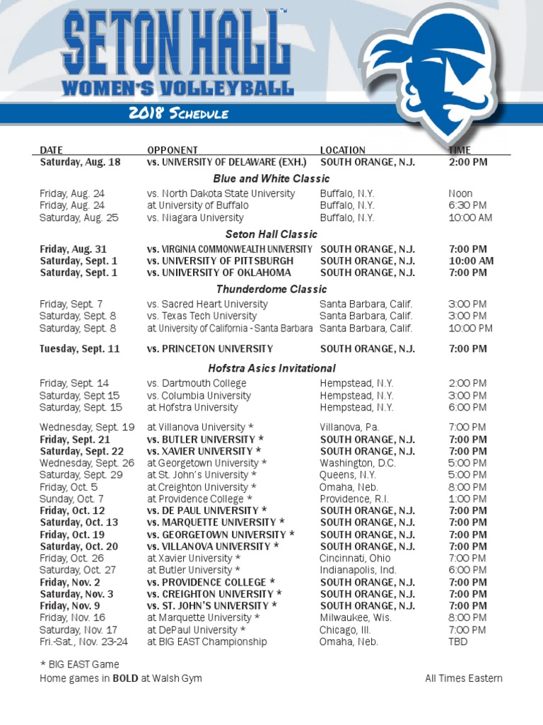 2018 Seton Hall Women S Volleyball Schedule PDF National Collegiate