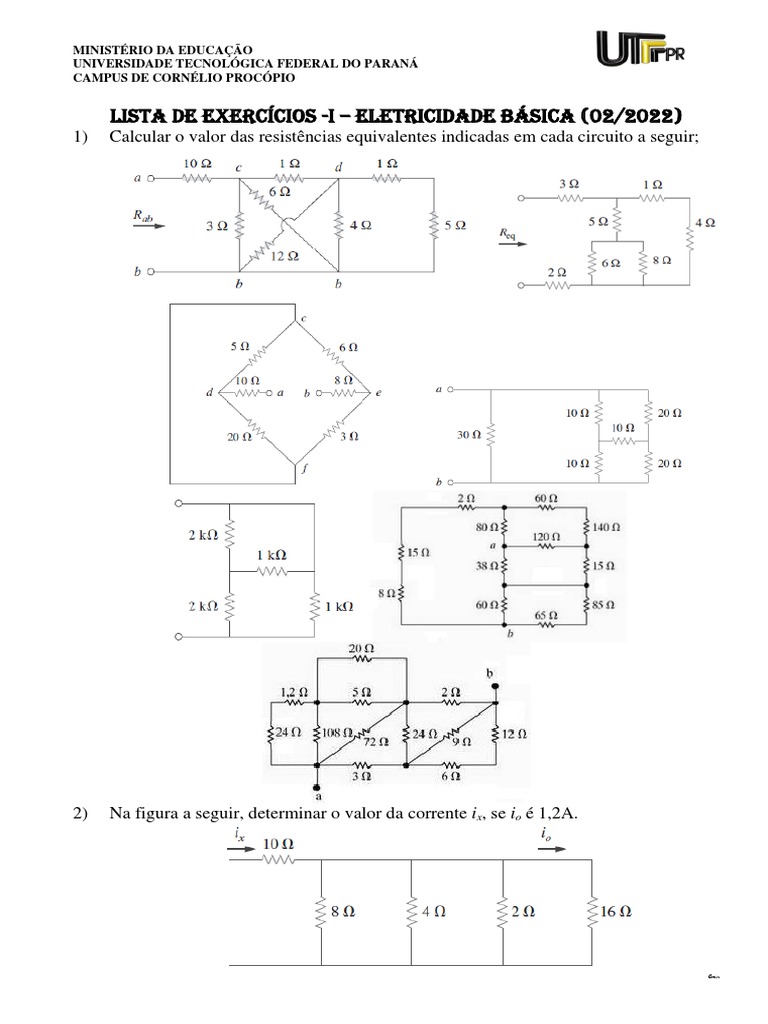 Lista de exercícios sobre circuitos elétricos com cálculos de corrente ...