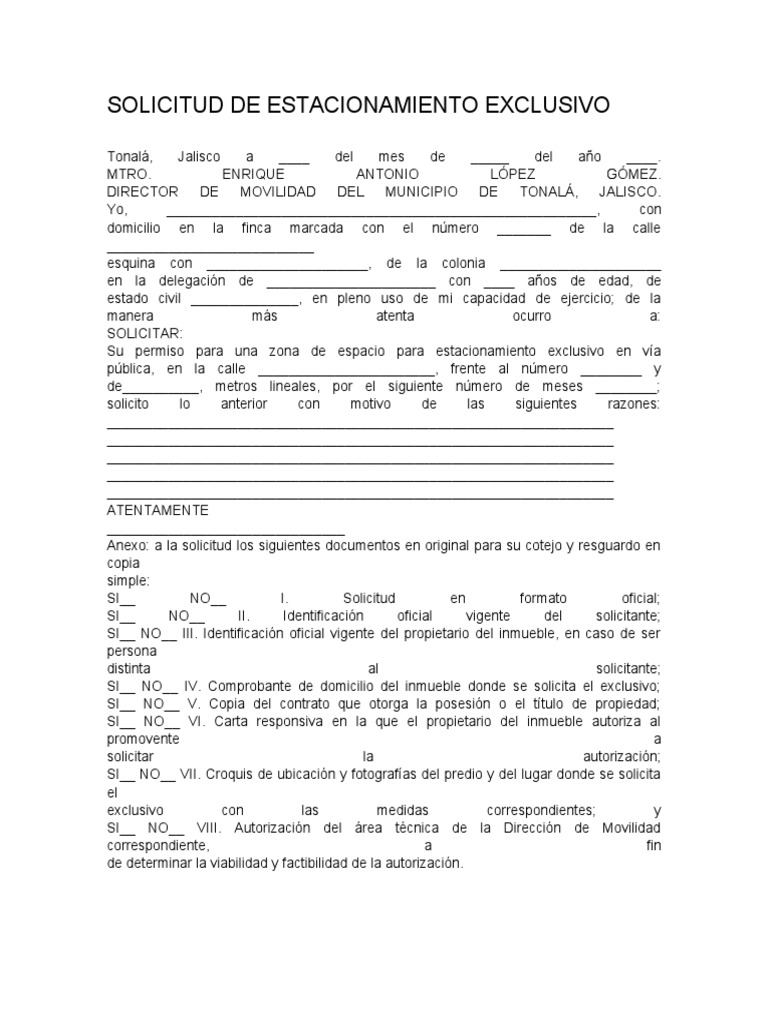 Solicitud de Estacionamiento Exclusivo PDF