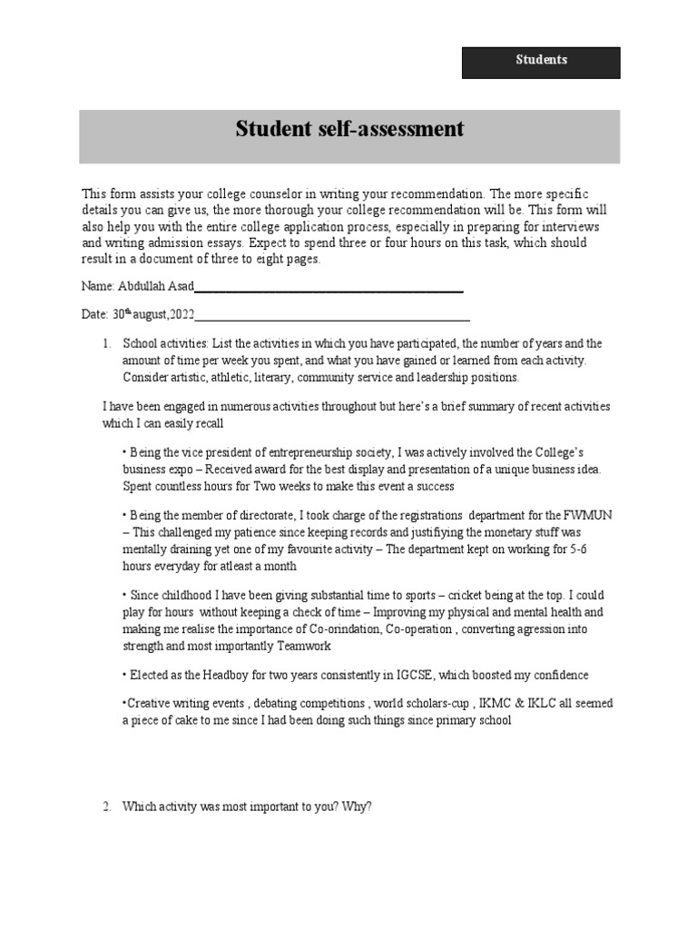 Student Self-Assessment for College Recommendations | PDF | Behavior ...