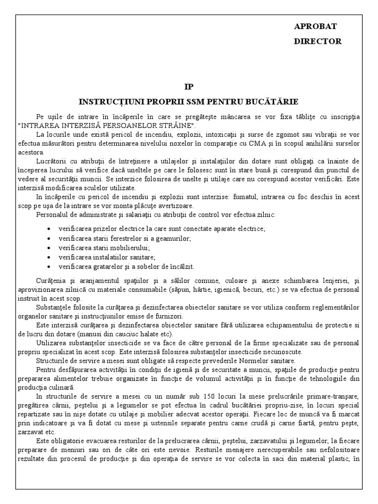 Instructiuni Proprii SSM Pentru Bucatarie | PDF
