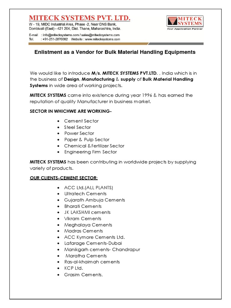 Enlist as Vendor for Bulk Material Handling Equipment PDF Secondary Sector Of The Economy