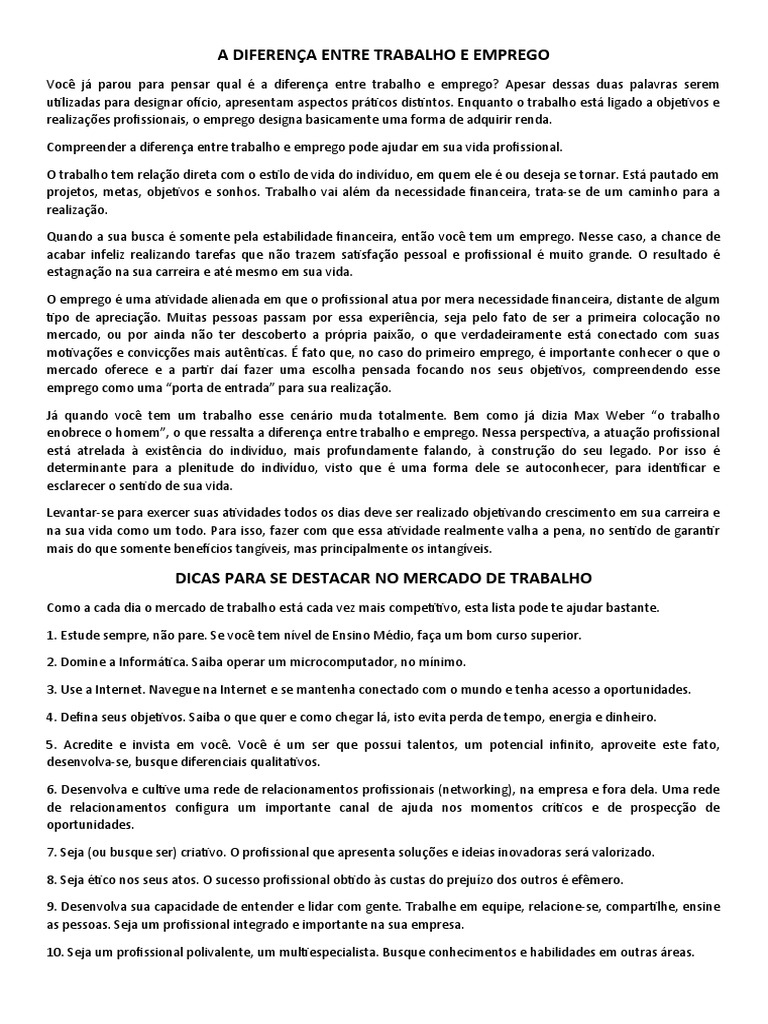 Diferença entre Trabalho e Emprego | PDF | Emprego | Mercado (economia)