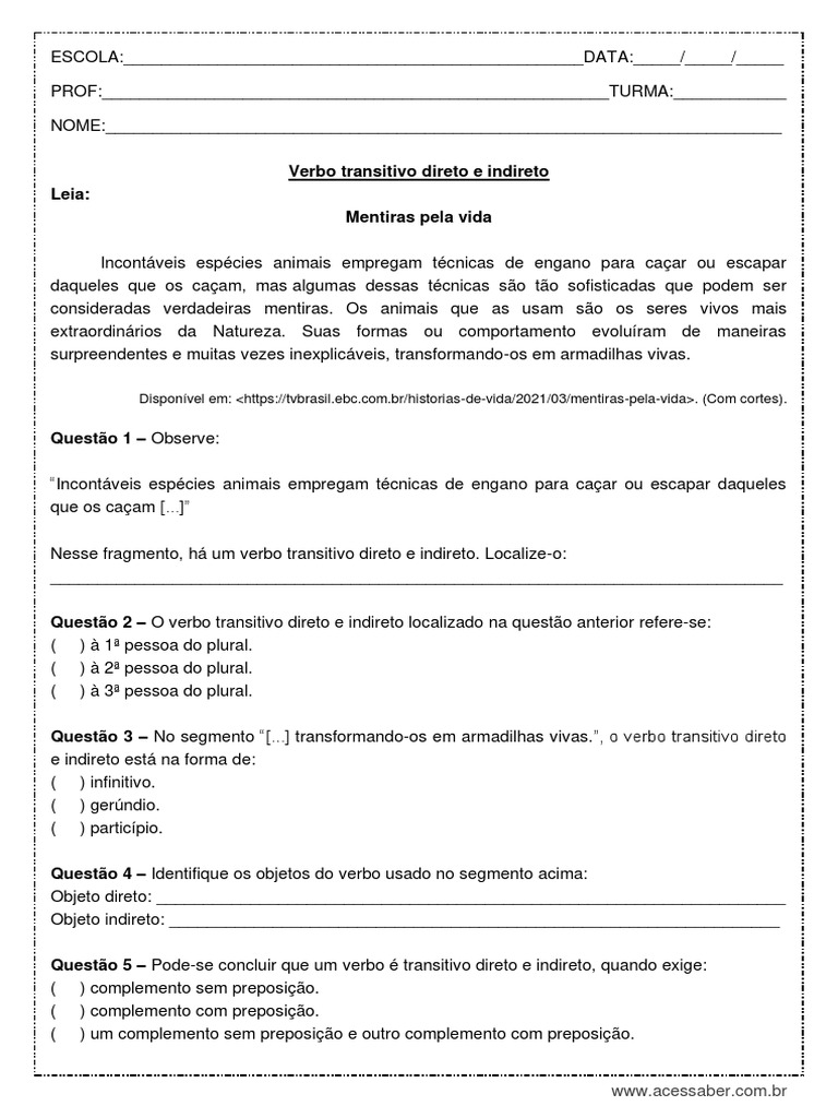 Atividade de Portugues Verbo Transitivo Direto e Indireto 8o Ano PDF | PDF