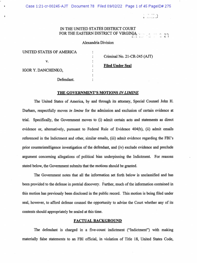 78 Gov Motion in Limine Danchenko PDF Hearsay Relevance (Law)