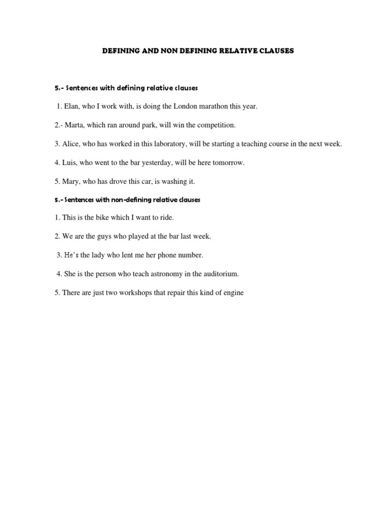 Defining and Non Defining Relative Clauses | PDF | Language Arts ...