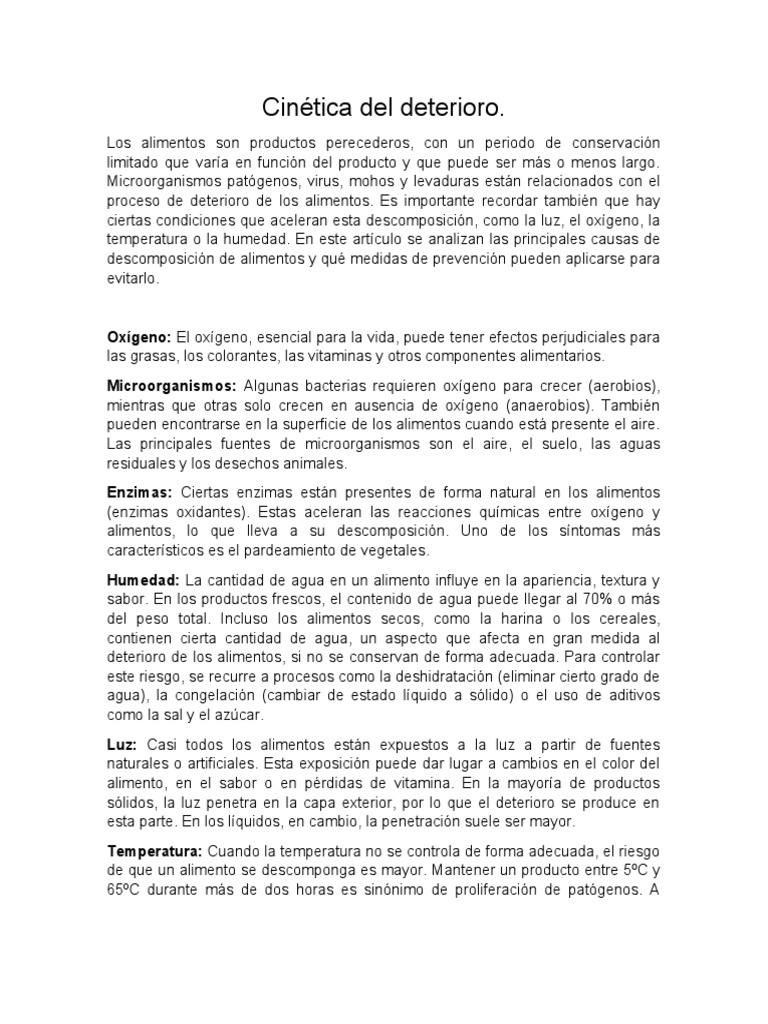 Cinética Del Deterioro | PDF | Alimentos | Agua