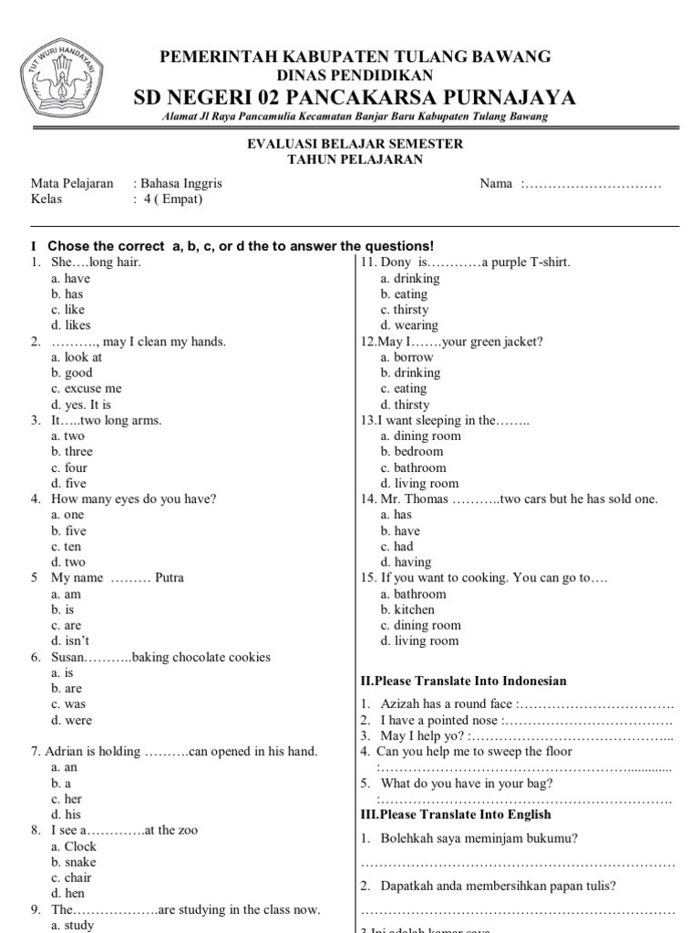 Soal Bahasa Inggris Kelas 4 Sd Indonesia