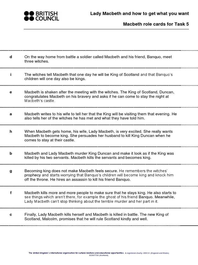 Macbeth plot summary cards for warmer and role cards for task 5 pdf