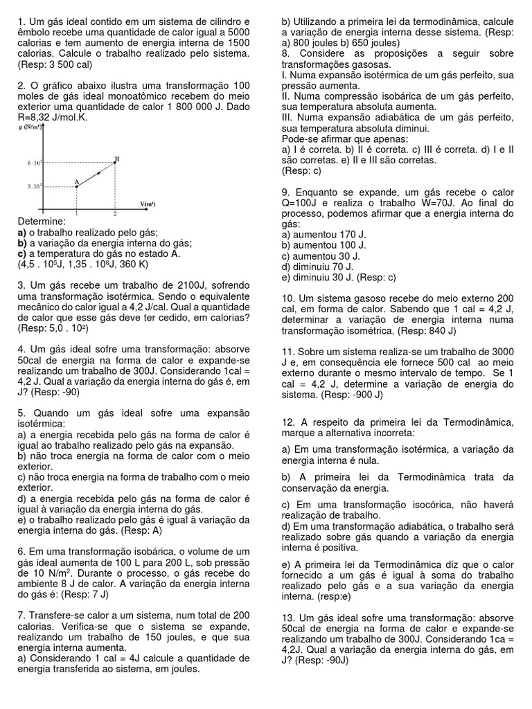 Exercícios Primeira Lei Da Termodinâmica | PDF | Termodinâmica | Calor