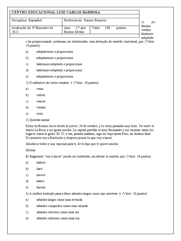 Prova de Espanhol - 3º Ano Ensino Médio | PDF | Transporte