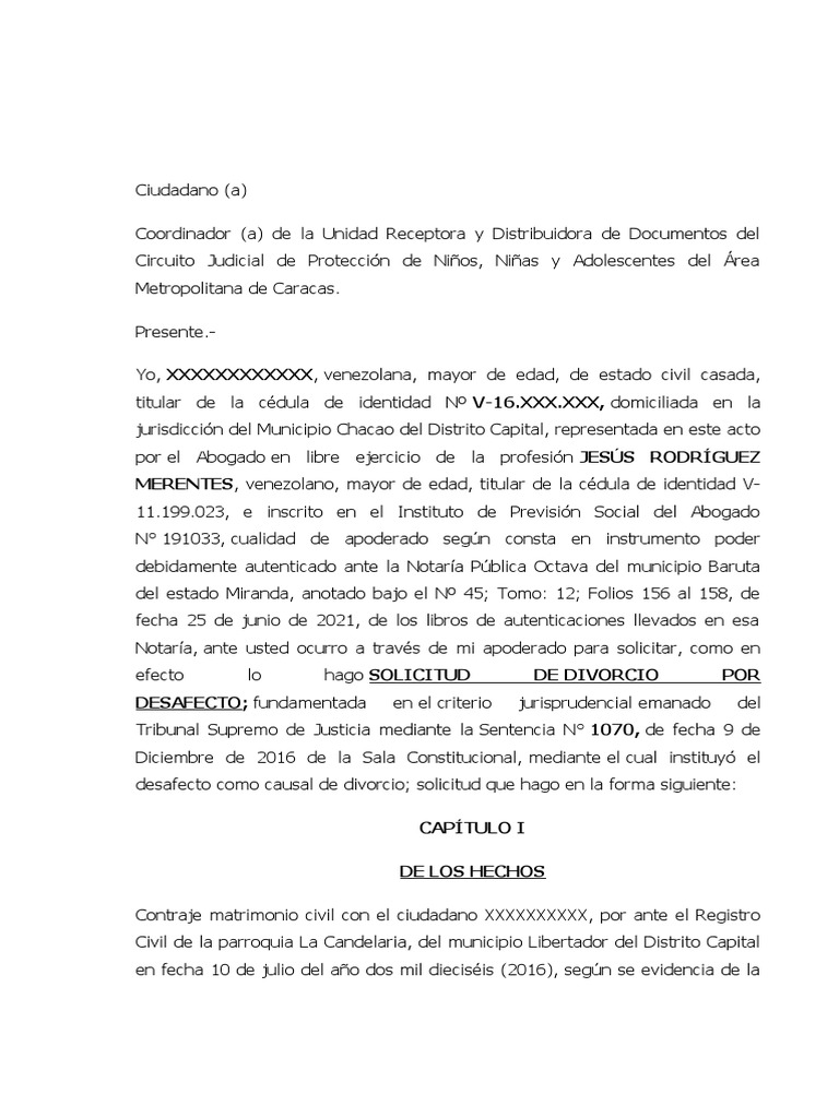 Modelo de Solicitud de Divorcio Por Desafecto (Sentencia 1070