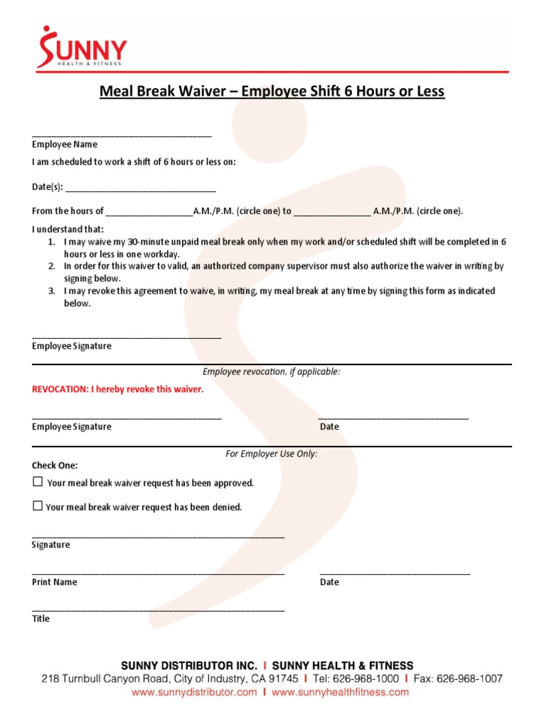 California Meal Break Waiver Form | PDF