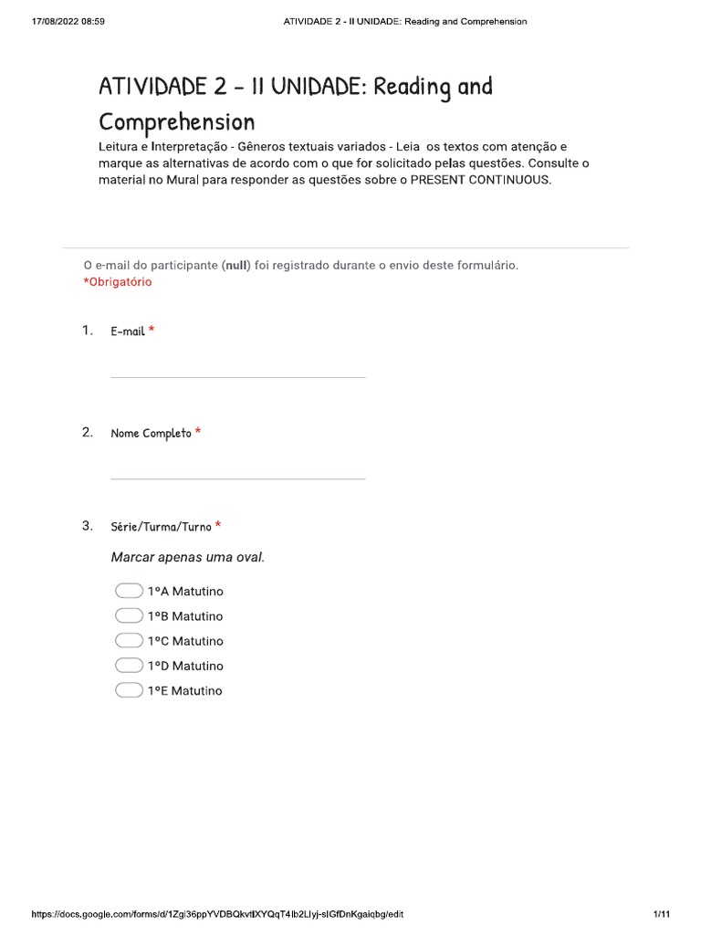 ATIVIDADE 2 de INGLÊS 1º Ano - PDF II UNIDADE | PDF