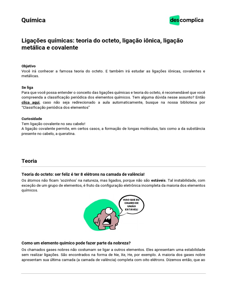 Ligações Químicas Teoria Do Octeto Ligação Iônica Ligação Metálica