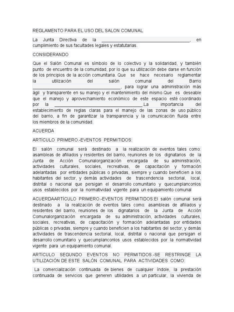 Reglamento Para El Uso Del Salon Comunal Pdf Regulación