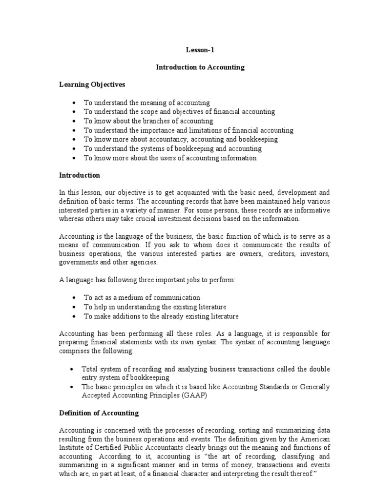 Lesson-1 Introduction To Accounting Learning Objectives | PDF