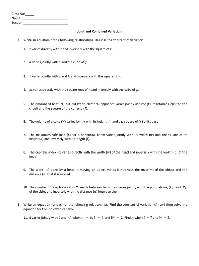 Worksheets Printable Direct And Inverse Variation Worksheet With Answer Key collection of joint and combined variation worksheet with answers on variation