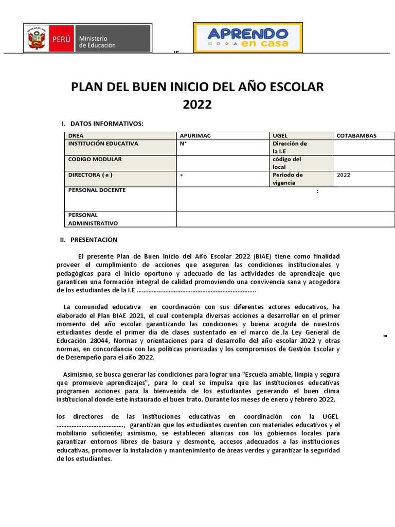 Plan de Acción para Buen Inicio Escolar 2022 | PDF | Educación primaria ...