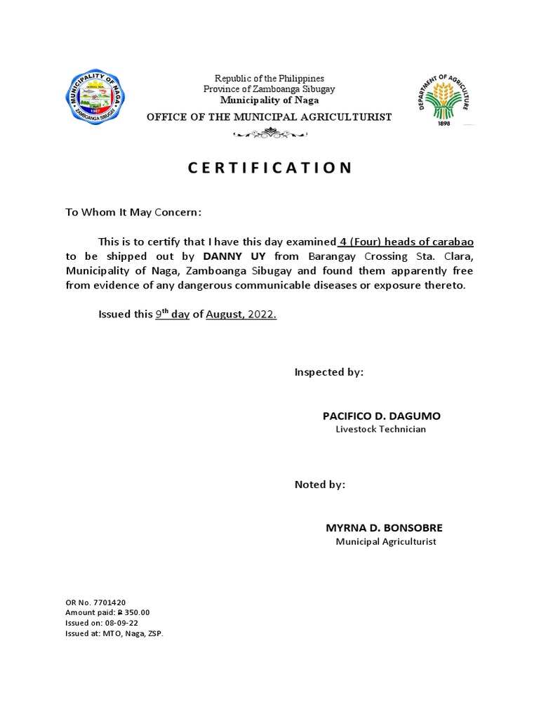 Animal Health Certification PDF