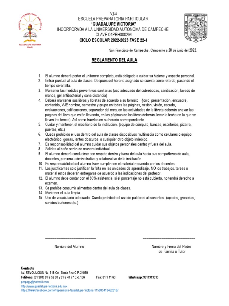 Reglamento del Aula Preparatoria VJ | PDF | Salón de clases
