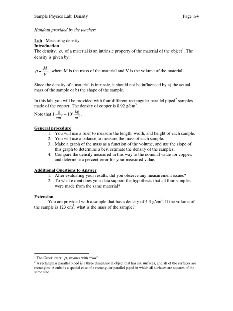 Sample Physics Lab Density Density Measurement