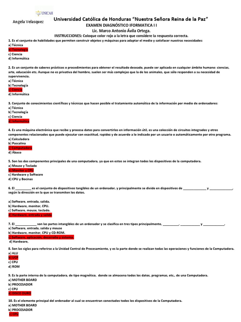 Examen Diagnóstico de Informática I | PDF | Hardware de la computadora ...