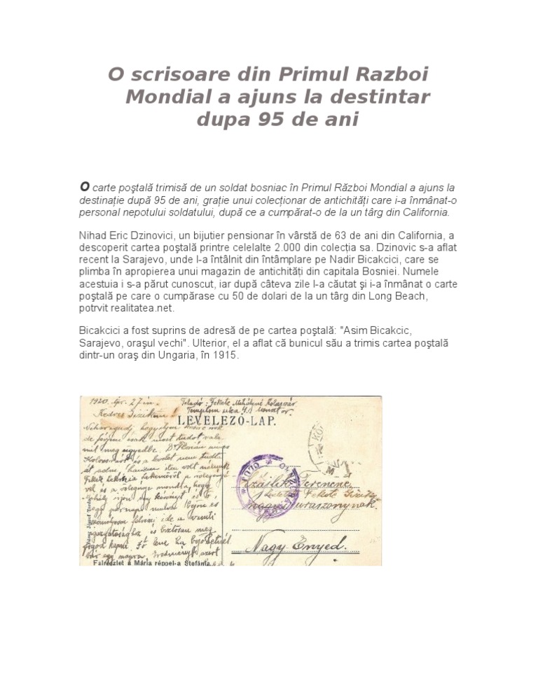 O Scrisoare Din Primul Razboi Mondial A Ajuns La Destintar Dupa