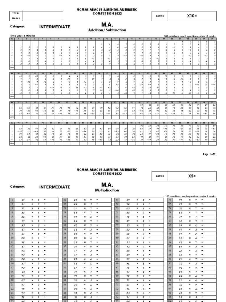 UCMAS Abacus Competition 2022 Paper | PDF | Elementary Mathematics ...